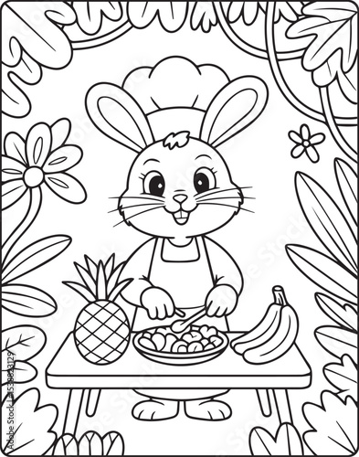 A cute bunny chef with foods in the jungle outline vector for children coloring page design
