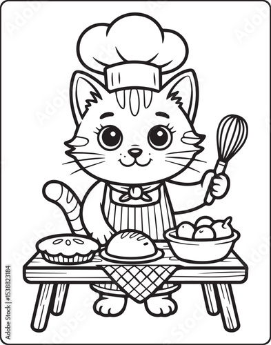 A cute cat chef making foods in the kitchen outline vector for children coloring page design