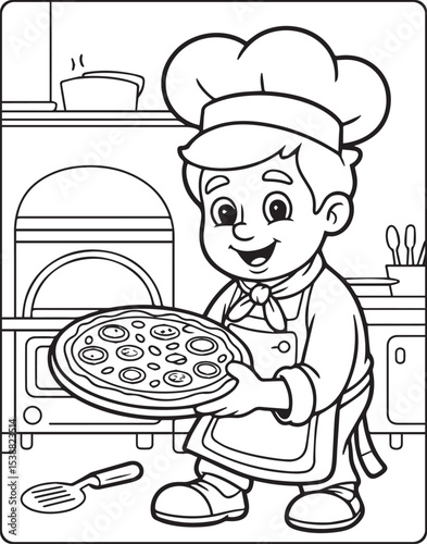 A cute chef making pizza in the kitchen outline vector for children coloring page design
