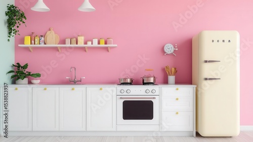Maximalist dopamine decor in a retro-style kitchen with quirky elements