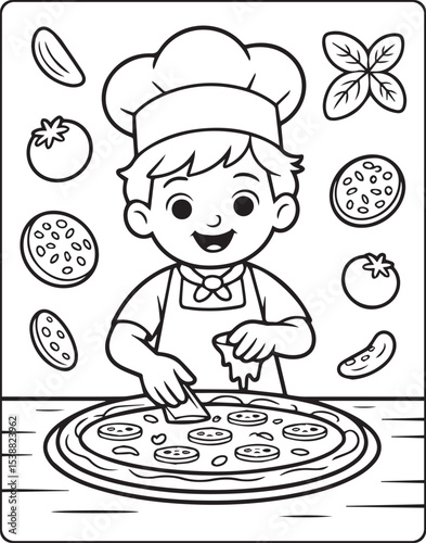 A cute chef making pizza in the kitchen outline vector for children coloring page design