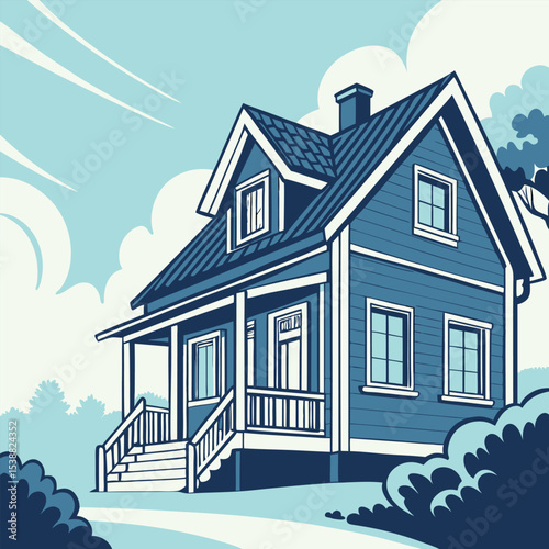 Cozy blue house with white trim and tiled roof illustration