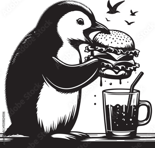 A dapper penguin waiter proudly presents a juicy double cheeseburger, a whimsical black and white illustration perfect for restaurant menus or food blogs.