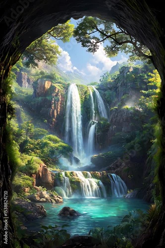 Majestic Waterfall in Lush Greenery