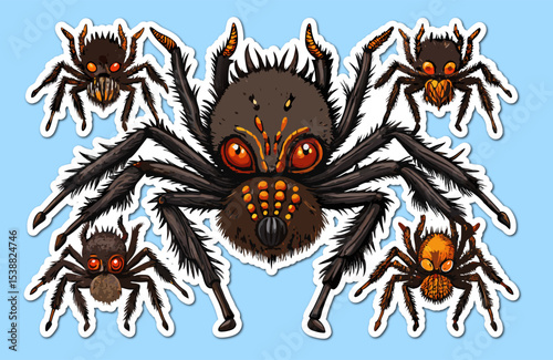 A set of collection spider with red glowing eye vector illustration isolated on white background