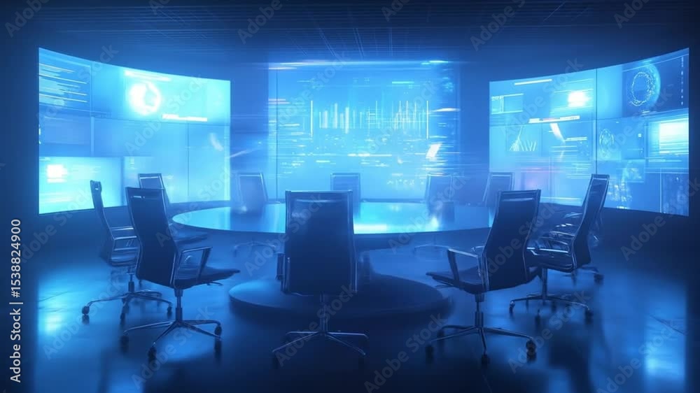Futuristic Conference Room with Digital Displays and Advanced Technology for Business Meeting Futuristic Conference Room with Digital Displays and Advanced Technology for Business Meeting