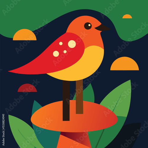 Autumnal robin bird on red mushroom illustration