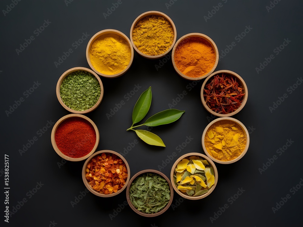Fototapeta premium Nine Wooden Bowls of Colorful Spices Arranged in a Circle on Black Background