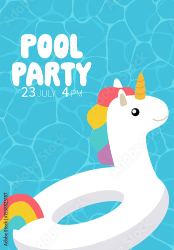 Pool party invitation inflatable unicorn swimming ring flat style.