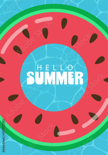 Pool party invitation, watermelon swimming ring flat style.