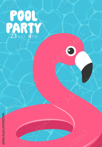 Pool party invitation pink inflatable flamingo swimming ring flat style.