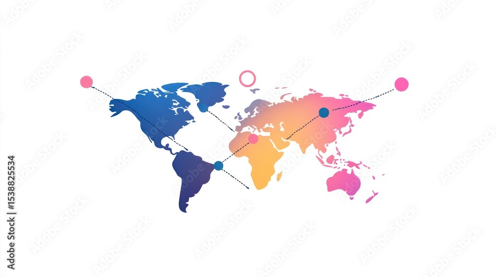 Fototapeta premium A stylized world map with a gradient color scheme, connecting points representing global connections or networks