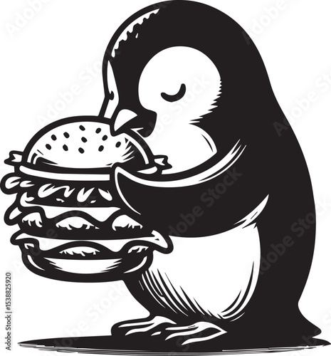 A dapper penguin waiter proudly presents a juicy double cheeseburger, a whimsical black and white illustration perfect for restaurant menus or food blogs.