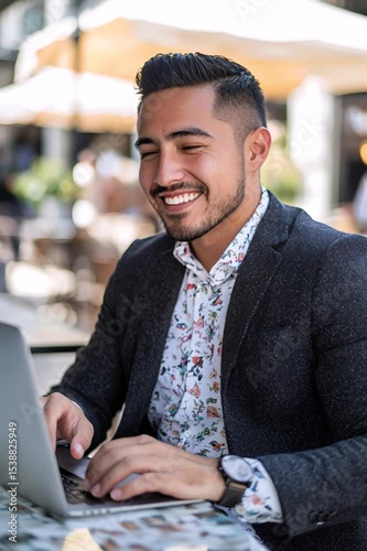 Smiling Young Man Working on Laptop at Outdoor Cafe