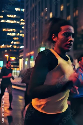 Women Running in a Neon Cityscape at Dusk