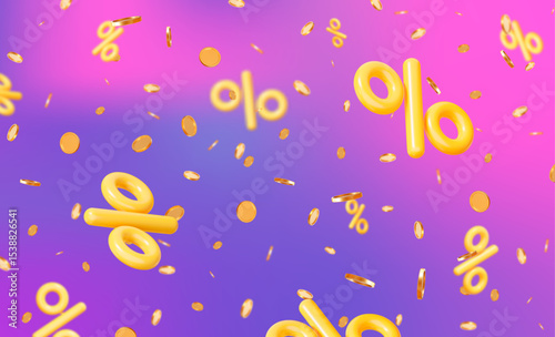 3d flying yellow percent signs with gold coins and confetti on neon isolated background. Stock vector illustration.