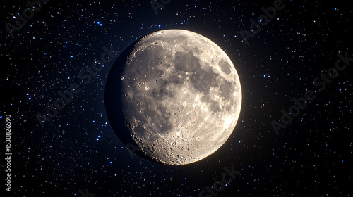 Detailed view of the moon with craters and stars in the background on a dark night sky scene view