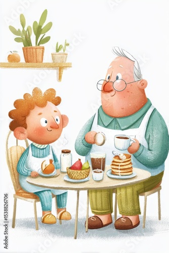  Abuelo y nieto sentados juntos con una torre de panqueques, frutas y bebidas calientes. Escena infantil llena de ternura.

