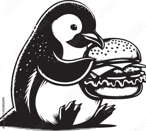 Adorable Penguin Cartoon Character Enjoying a Delicious Double Burger