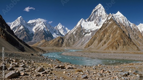 Panoramic view of Mitre Peak and Baltoro Galcier and Karakoram Mountains from Concordia, Pakistan