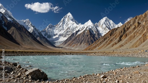 Panoramic view of Mitre Peak and Baltoro Galcier and Karakoram Mountains from Concordia, Pakistan