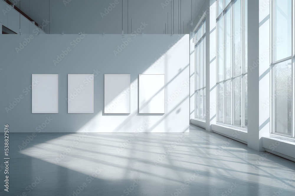 Obraz premium Sunlit minimalist gallery interior with four blank canvases on a white wall, large windows, and polished concrete floor