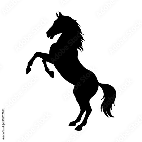A black silhouette of a horse rearing up on its hind legs, mane and tail flowing dramatically. The horse's front legs are raised high, and its head is slightly tilted, conveying energy and power. The 
