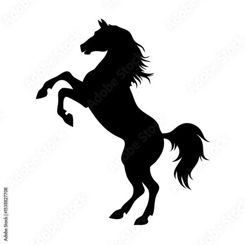 A black silhouette of a horse rearing up on its hind legs, mane and tail flowing dramatically. The horse's front legs are raised high, and its head is slightly tilted, conveying energy and power. The 