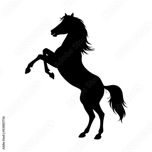 A black silhouette of a horse rearing up on its hind legs, mane and tail flowing dramatically. The horse's front legs are raised high, and its head is slightly tilted, conveying energy and power. The 