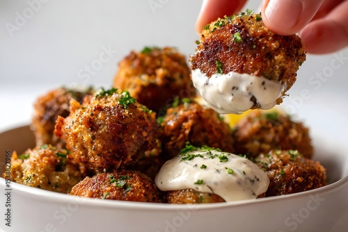 Crispy golden-brown fritters being dipped in creamy sauce, garnished with herbs on a plate