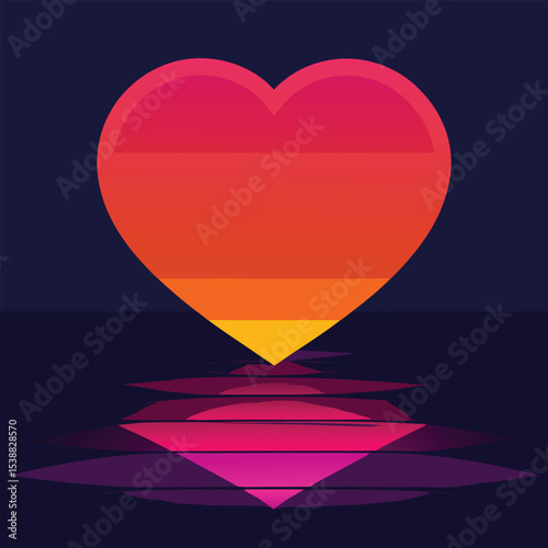 Glowing neon heart reflection on water sunset design