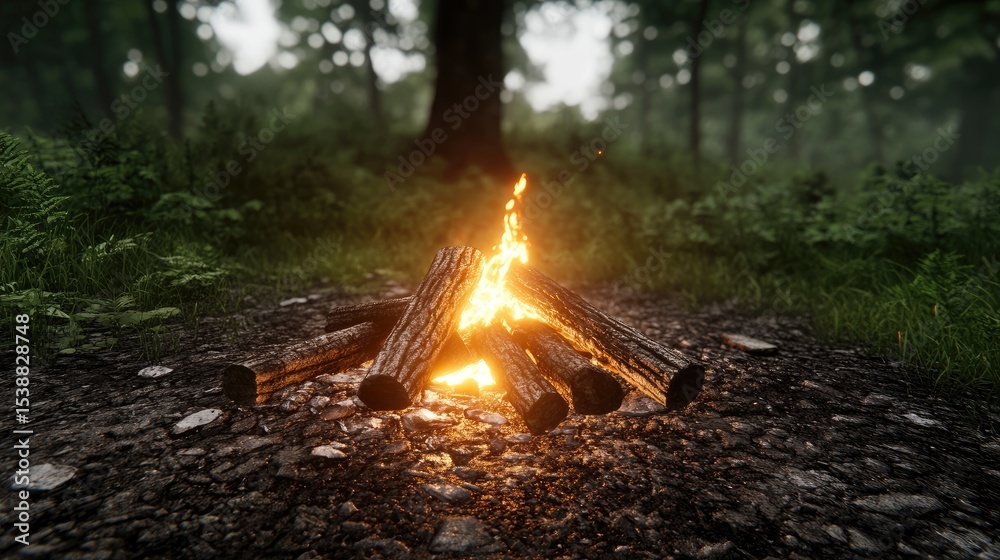 A crackling campfire glows warmly amidst a misty, verdant forest, surrounded by rocks and ferns A crackling campfire glows warmly amidst a misty, verdant forest, surrounded by rocks and ferns