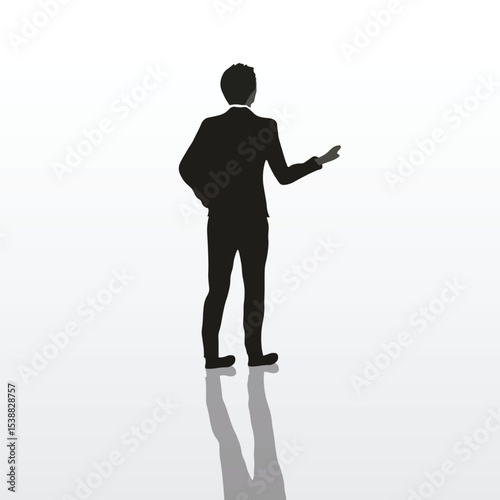 A black silhouette of a businessman standing with an open hand gesture, seen from behind, against a clean white gradient background with a subtle reflection.