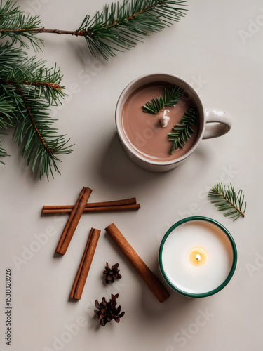Cozy winter afternoon with hot chocolate, fragrant candles, and aromatic spices on a calming neutral background
