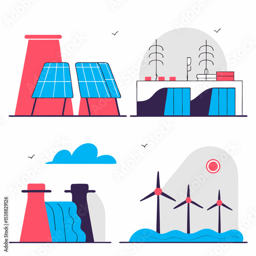 Flat vector illustration of clean energy sources such as solar panels, wind turbines, hydroelectric dam, geothermal and biomass in modern eco-friendly style.