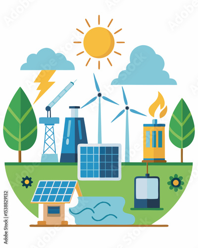 Flat vector illustration of clean energy sources such as solar panels, wind turbines, hydroelectric dam, geothermal and biomass in modern eco-friendly style.