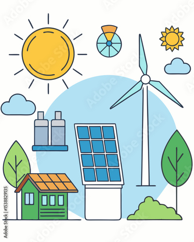 Flat vector illustration of clean energy sources such as solar panels, wind turbines, hydroelectric dam, geothermal and biomass in modern eco-friendly style.