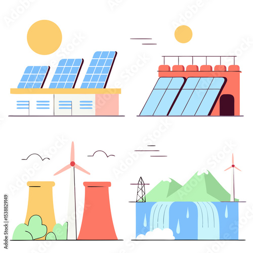 Flat vector illustration of clean energy sources such as solar panels, wind turbines, hydroelectric dam, geothermal and biomass in modern eco-friendly style.