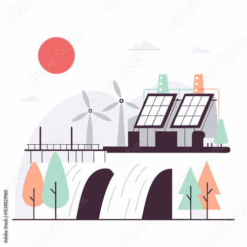 Flat vector illustration of clean energy sources such as solar panels, wind turbines, hydroelectric dam, geothermal and biomass in modern eco-friendly style.