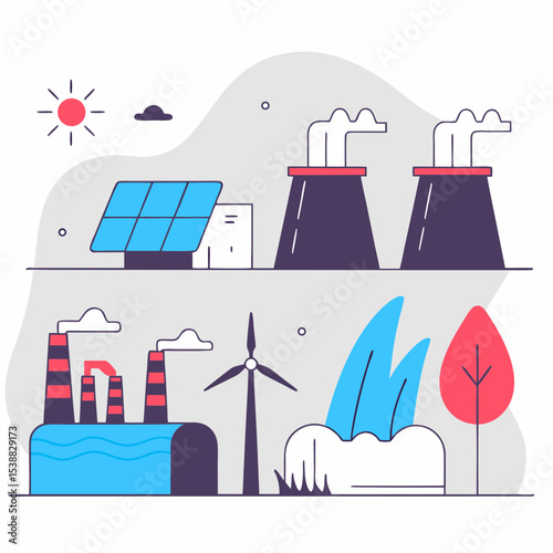 Flat vector illustration of clean energy sources such as solar panels, wind turbines, hydroelectric dam, geothermal and biomass in modern eco-friendly style.