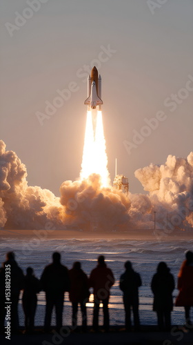 Rocket launching into the sky with spectators watching on the beach  