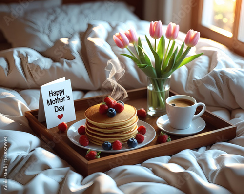Celebrate Mother's Day with a cozy breakfast in bed featuring pancakes, fresh flowers, and a warm cup of coffee surrounded by love