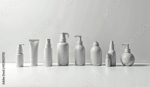diffrent bottles of cosmatics in gray color isolated on solig gray colored backround