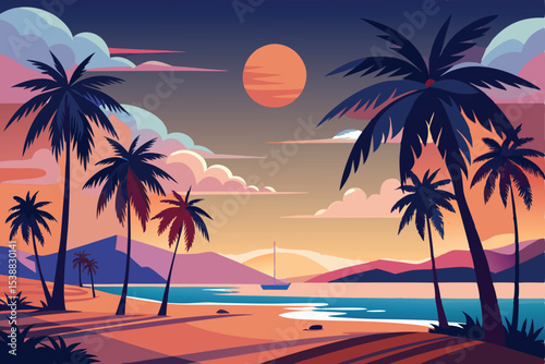 Tropical sunset paints the sky over a beach lined with silhouetted palm trees, inviting summer travel to this island paradise