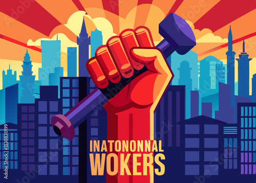 National workers day fist holding hammer city skyline