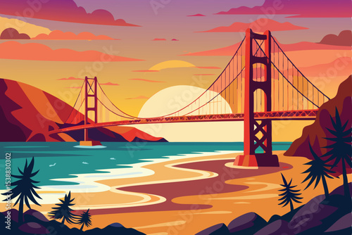 Golden Gate Bridge at sunset, a landmark suspension bridge in San Francisco's bay, spans the water with iconic Californian architecture