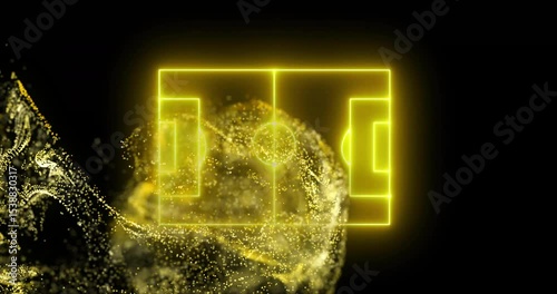 Golden segments appearing snapping into neon pitch outline while particles swirling and receding