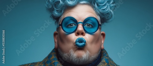 Flamboyant portrait of a man with exaggerated blue makeup, lipstick, and glasses, posing with a puckered expression