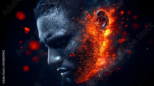 Fiery Man Portrait, Dark Background, Abstract Art, Strength