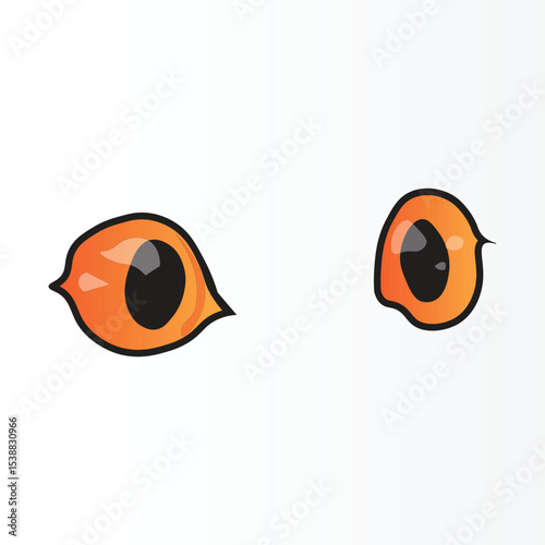 A stylized illustration of two vibrant orange and black eyes, resembling a cat or animal, with sharp features and a glossy finish, set on a clean white background.